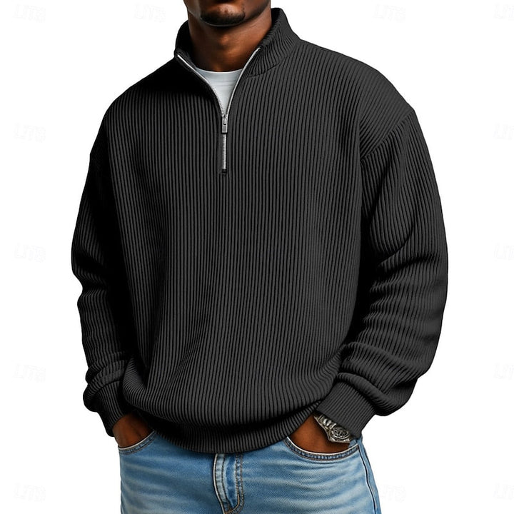 Black Easy-Fit Ribbed Quarter-Zip Sweater worn front view