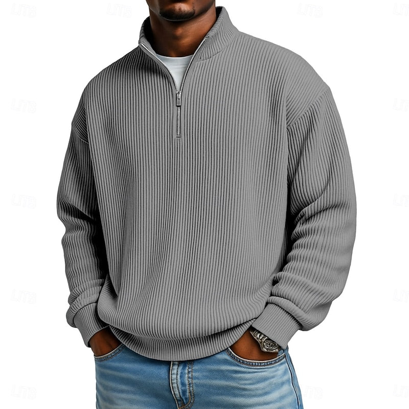 Gray Easy-Fit Ribbed Quarter-Zip Sweater worn front view