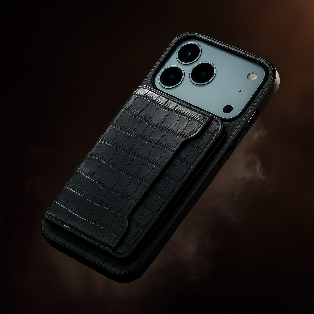 Black Snakeskin Leather Phone Case front view