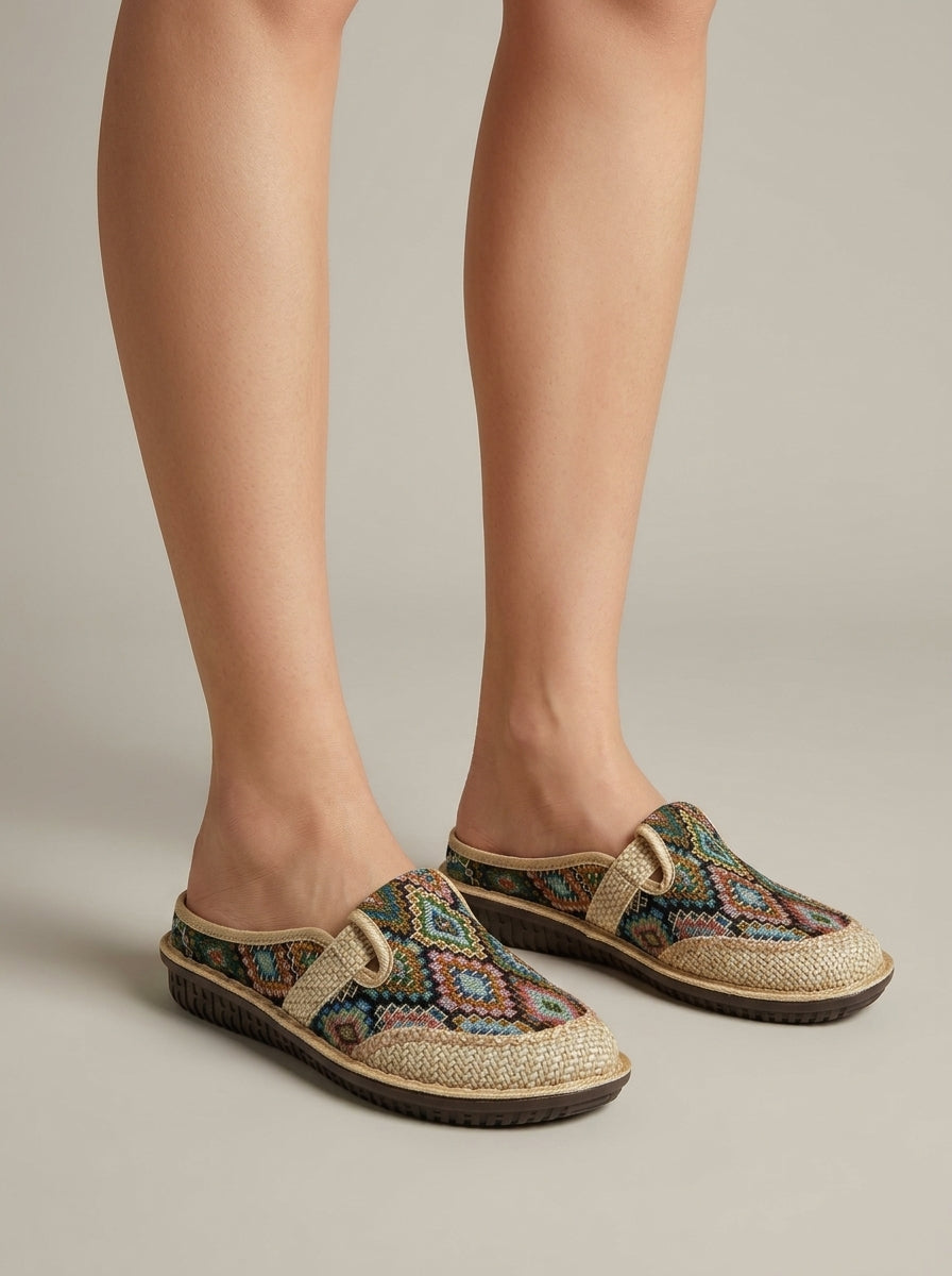 Embroidered Espadrille Mules worn on model