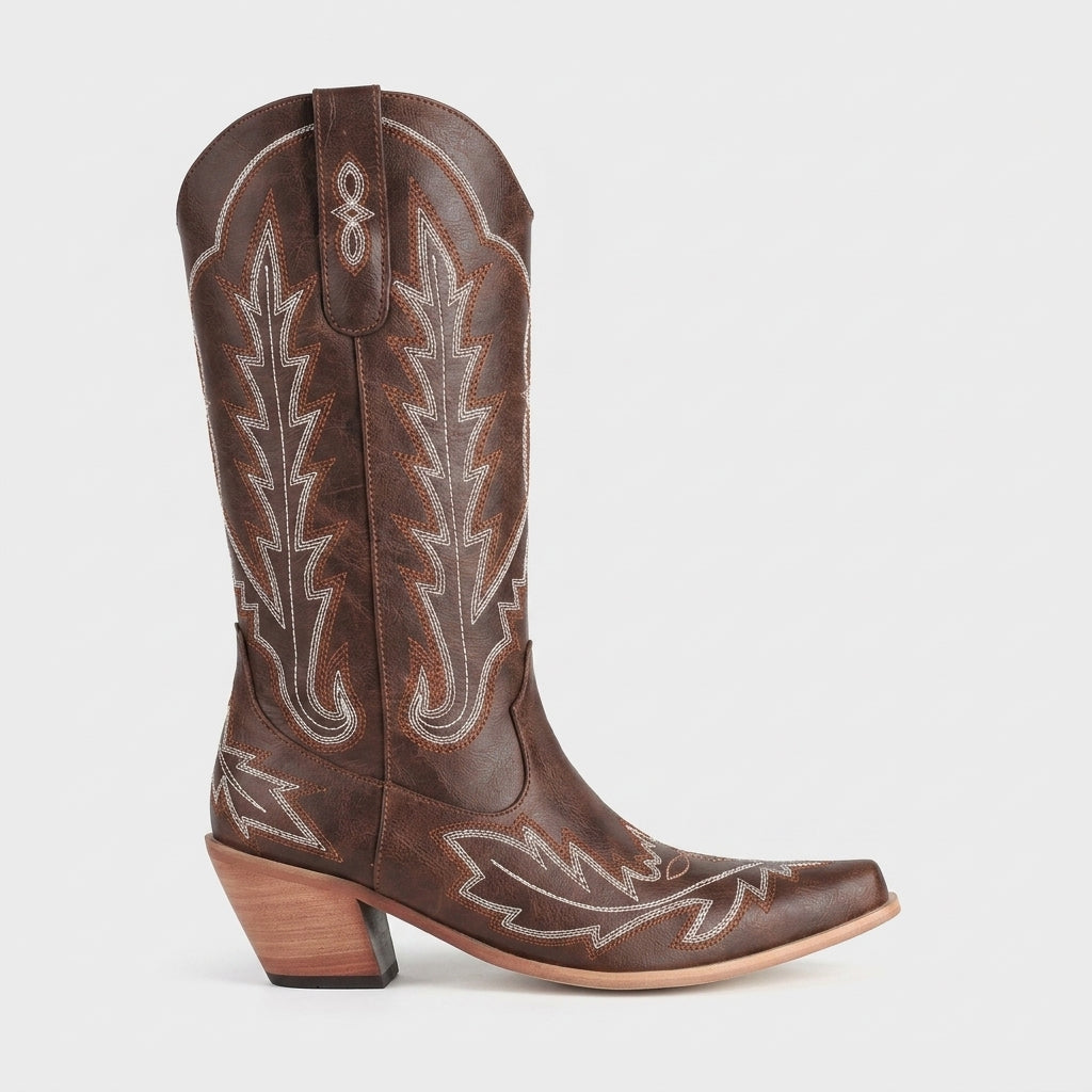 Brown embroidered pointed-toe Western boot side view
