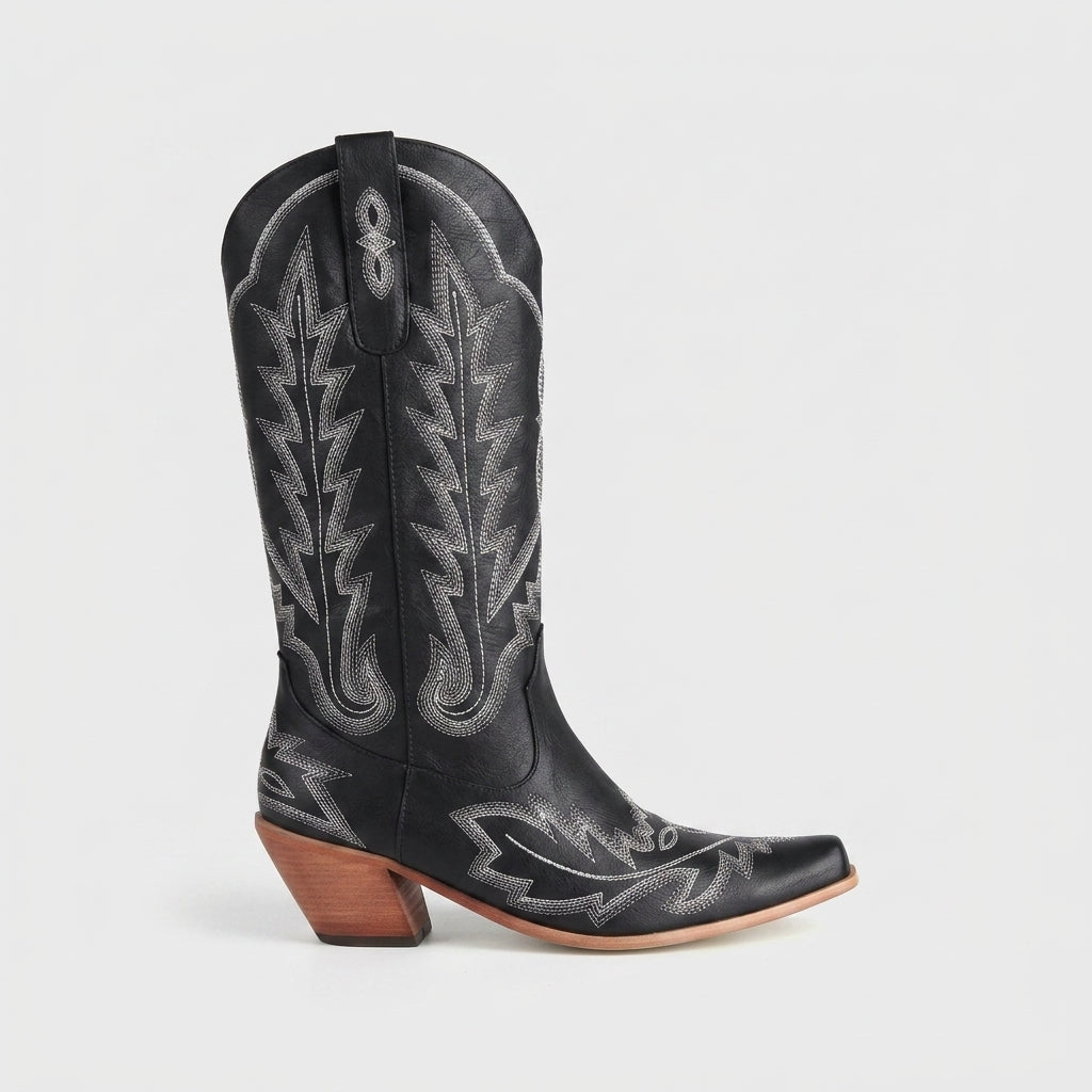 Black embroidered pointed-toe Western boot side view