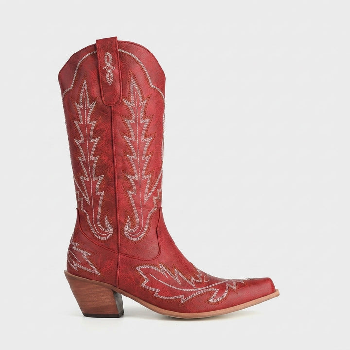 Red embroidered pointed-toe Western boot side view
