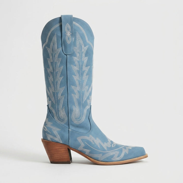 Light blue embroidered pointed-toe Western boot side view