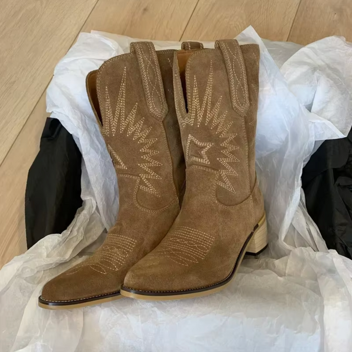 Embroidered Suede Mid-Calf Western Boots side profile