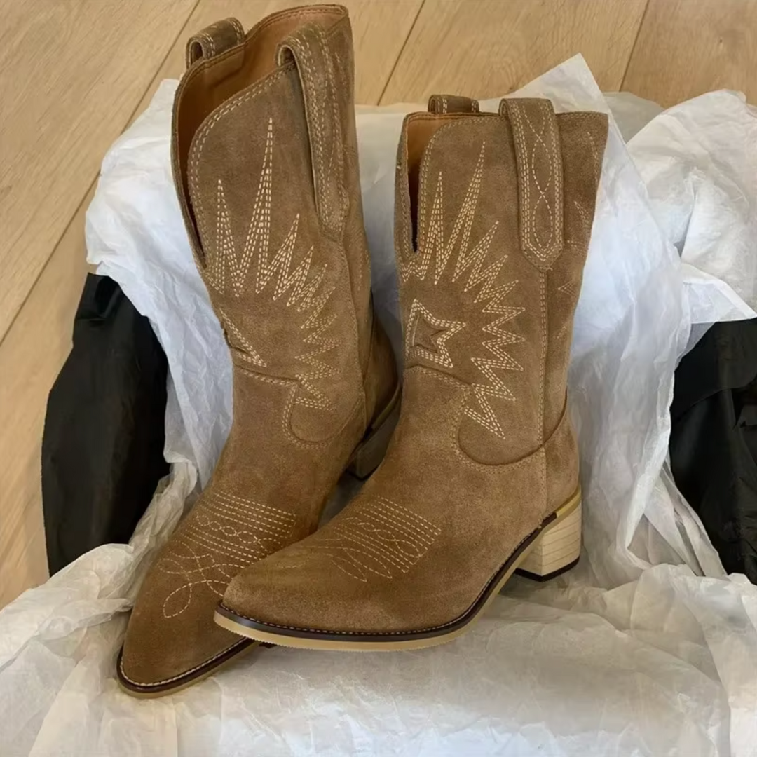 Embroidered Suede Mid-Calf Western Boots front view