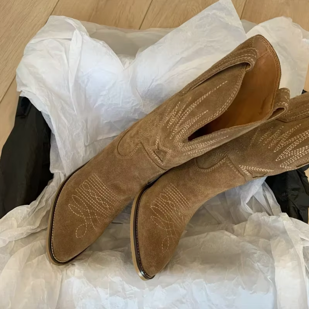 Embroidered Suede Mid-Calf Western Boots sunburst embroidery detail