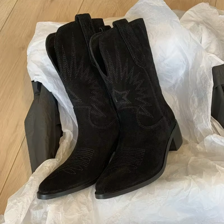 Embroidered Suede Mid-Calf Western Boots pull tab detail