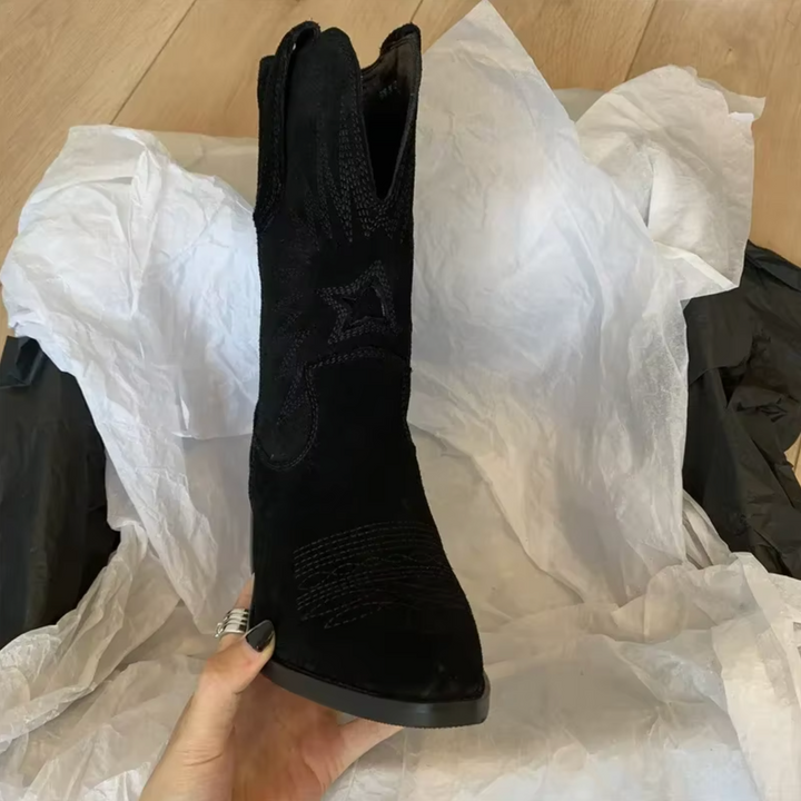 Embroidered Suede Mid-Calf Western Boots block heel and outsole detail