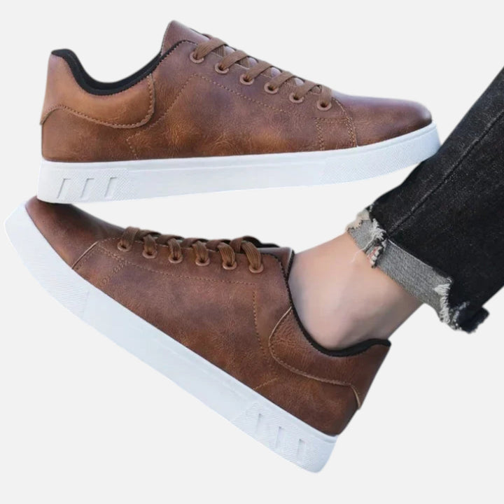 Brown Faux Leather Driving Sneakers on-foot side view