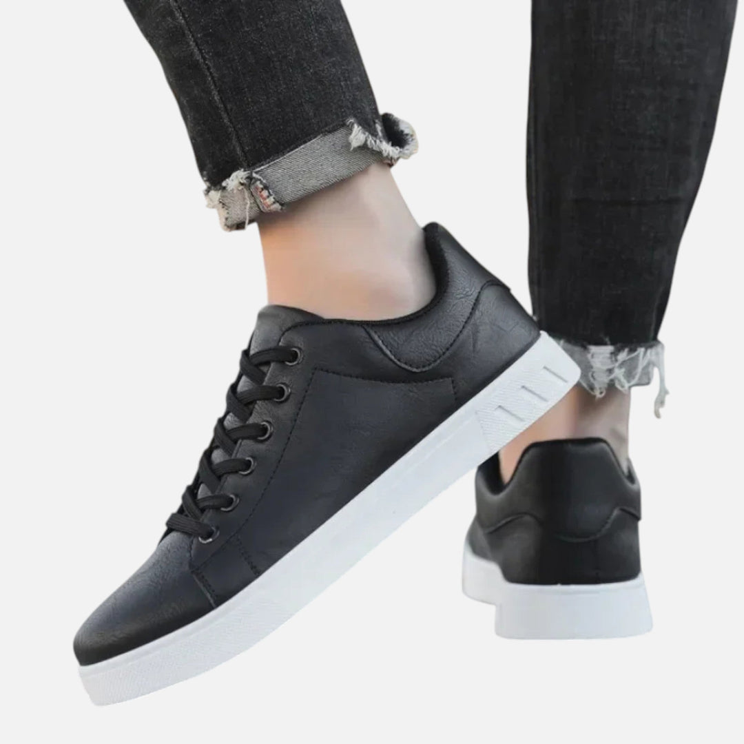Black Faux Leather Driving Sneakers on-foot side view