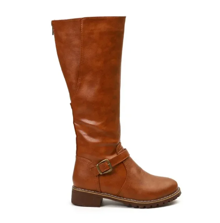 Brown Faux Leather Knee-High Boots buckle detail