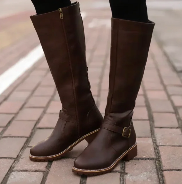 Brown Faux Leather Knee-High Boots front view
