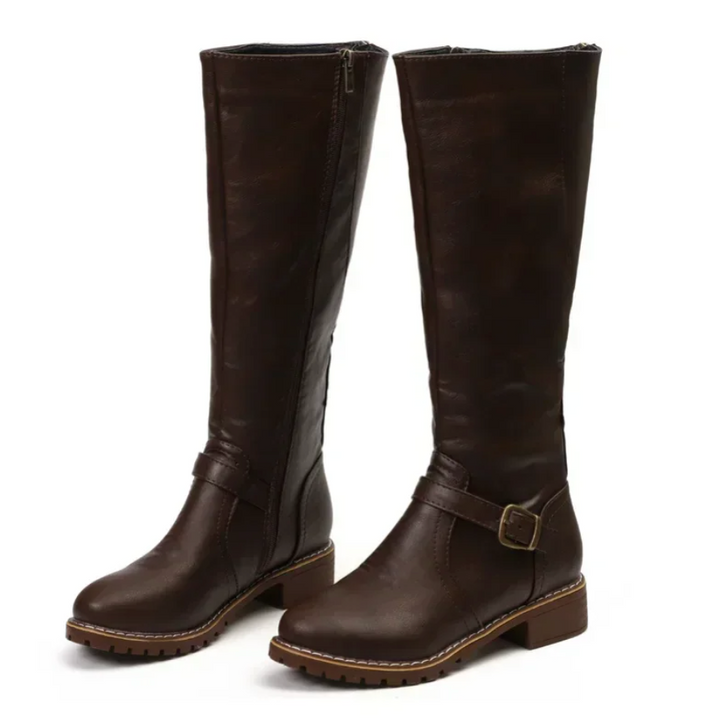 Brown Faux Leather Knee-High Boots worn lifestyle