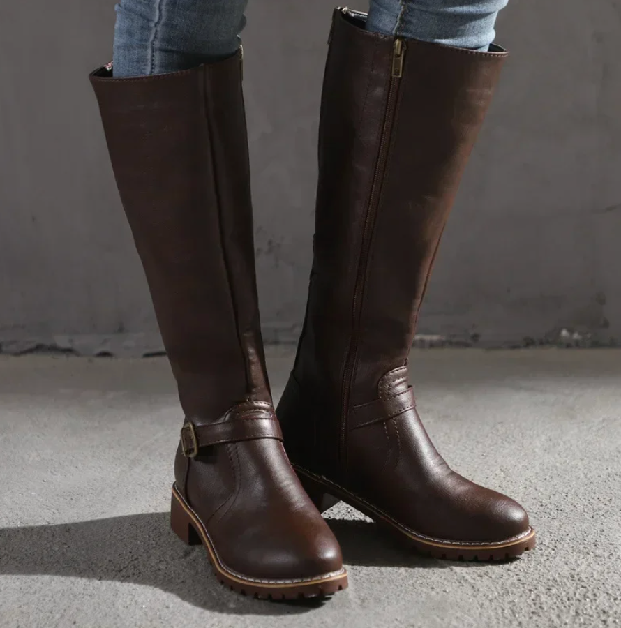Dark Brown Faux Leather Knee-High Boots side view