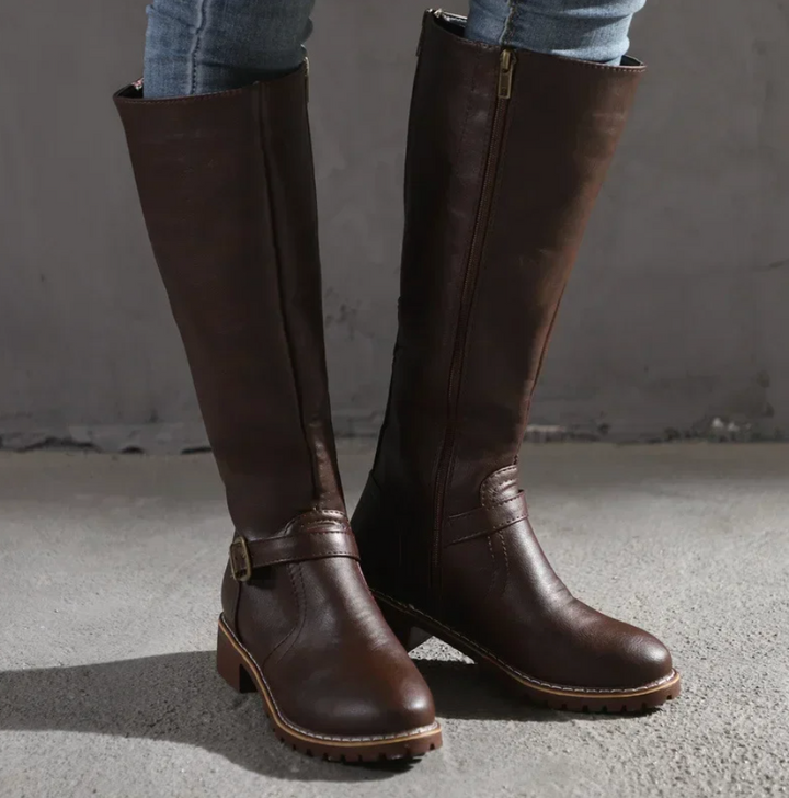 Dark Brown Faux Leather Knee-High Boots side view