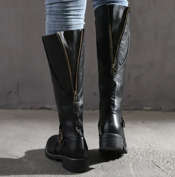 Brown Faux Leather Knee-High Boots worn lifestyle