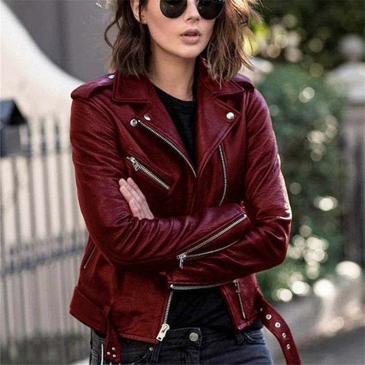 Red Faux Leather Moto Jacket front view