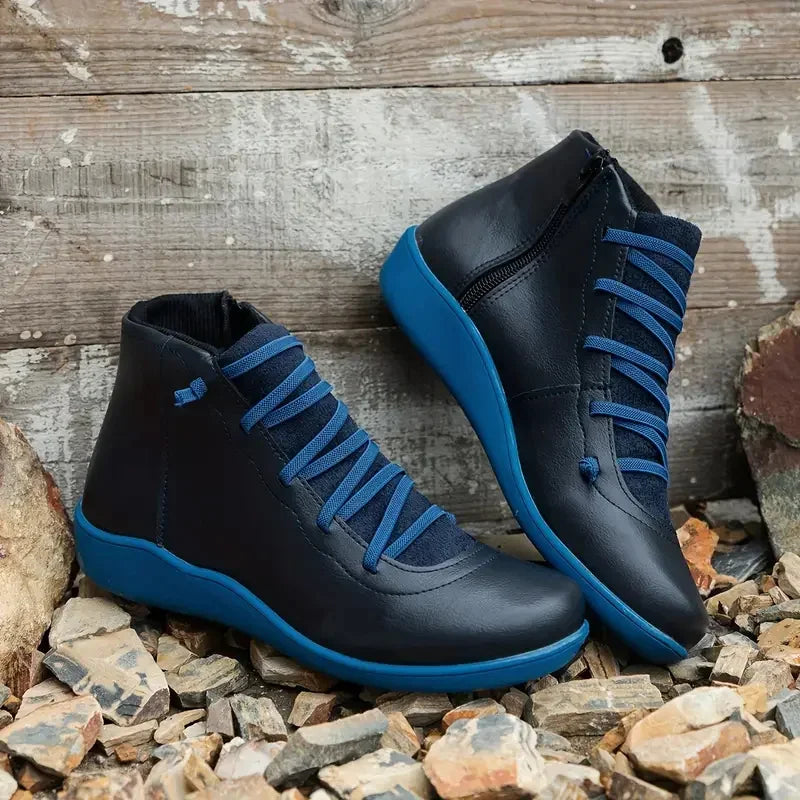 Blue Faux Leather Zip-Up Boots pair on display