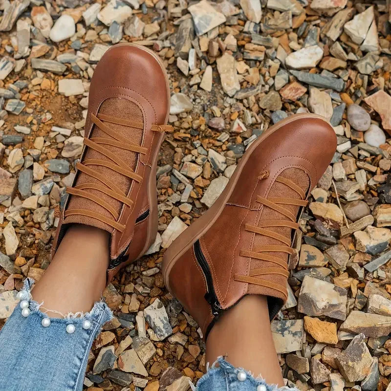 Brown Faux Leather Zip-Up Boots worn lifestyle