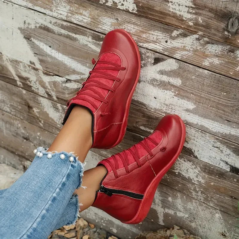 Red Faux Leather Zip-Up Boots worn lifestyle