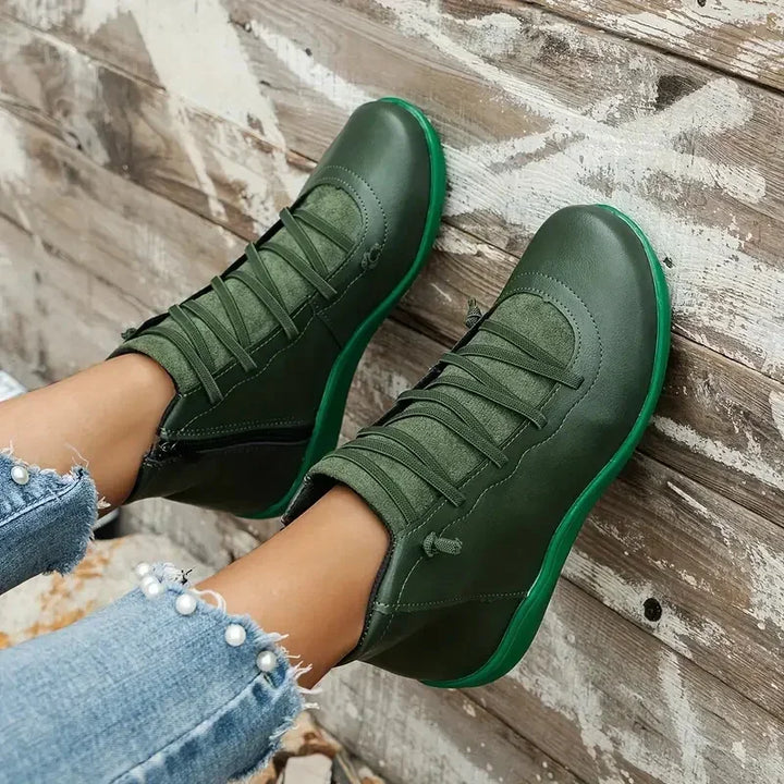 Green Faux Leather Zip-Up Boots worn lifestyle