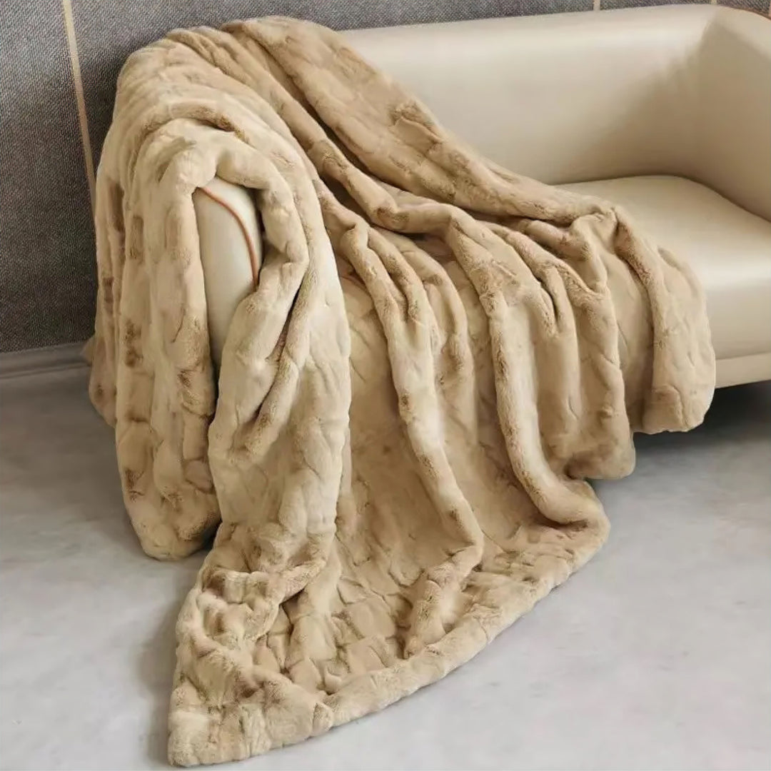 Camel Faux Mink Fur Throw Blanket front view