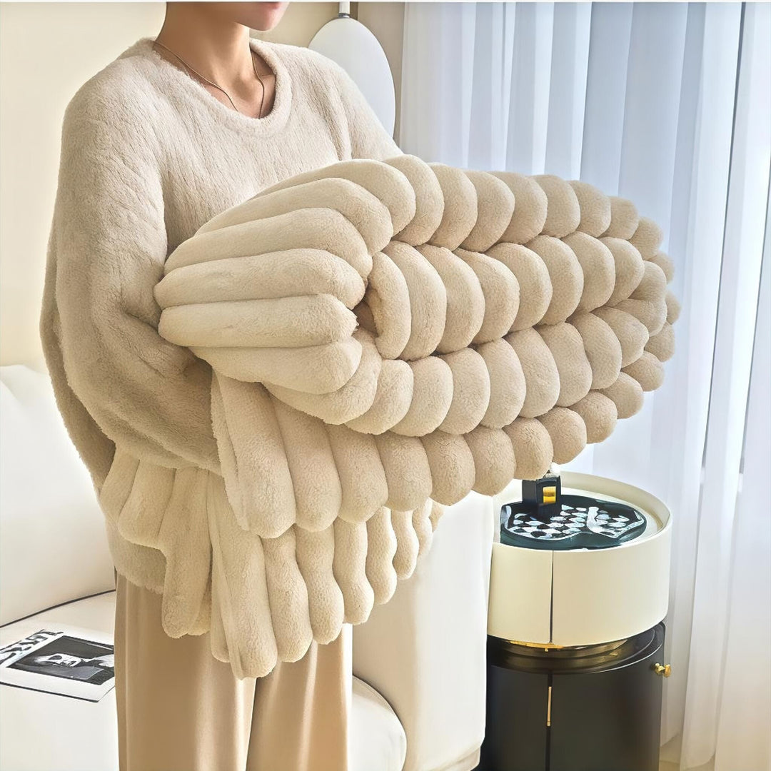 Ivory Faux Rabbit Plush Throw Blanket front view