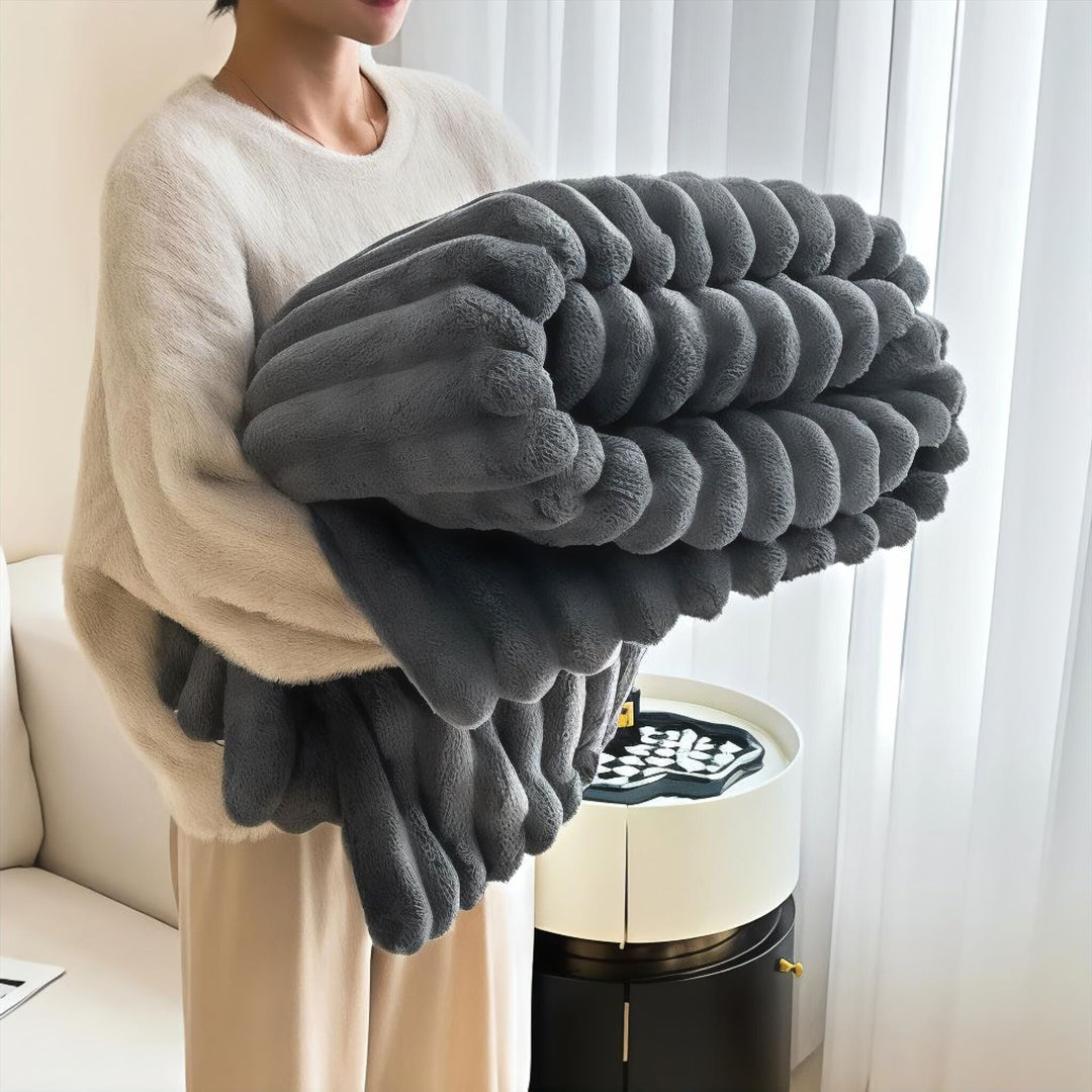 Charcoal Grey Faux Rabbit Plush Throw Blanket front view