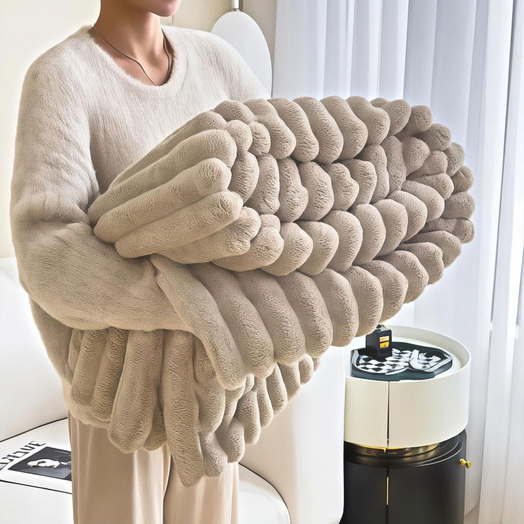 Beige Faux Rabbit Plush Throw Blanket front view