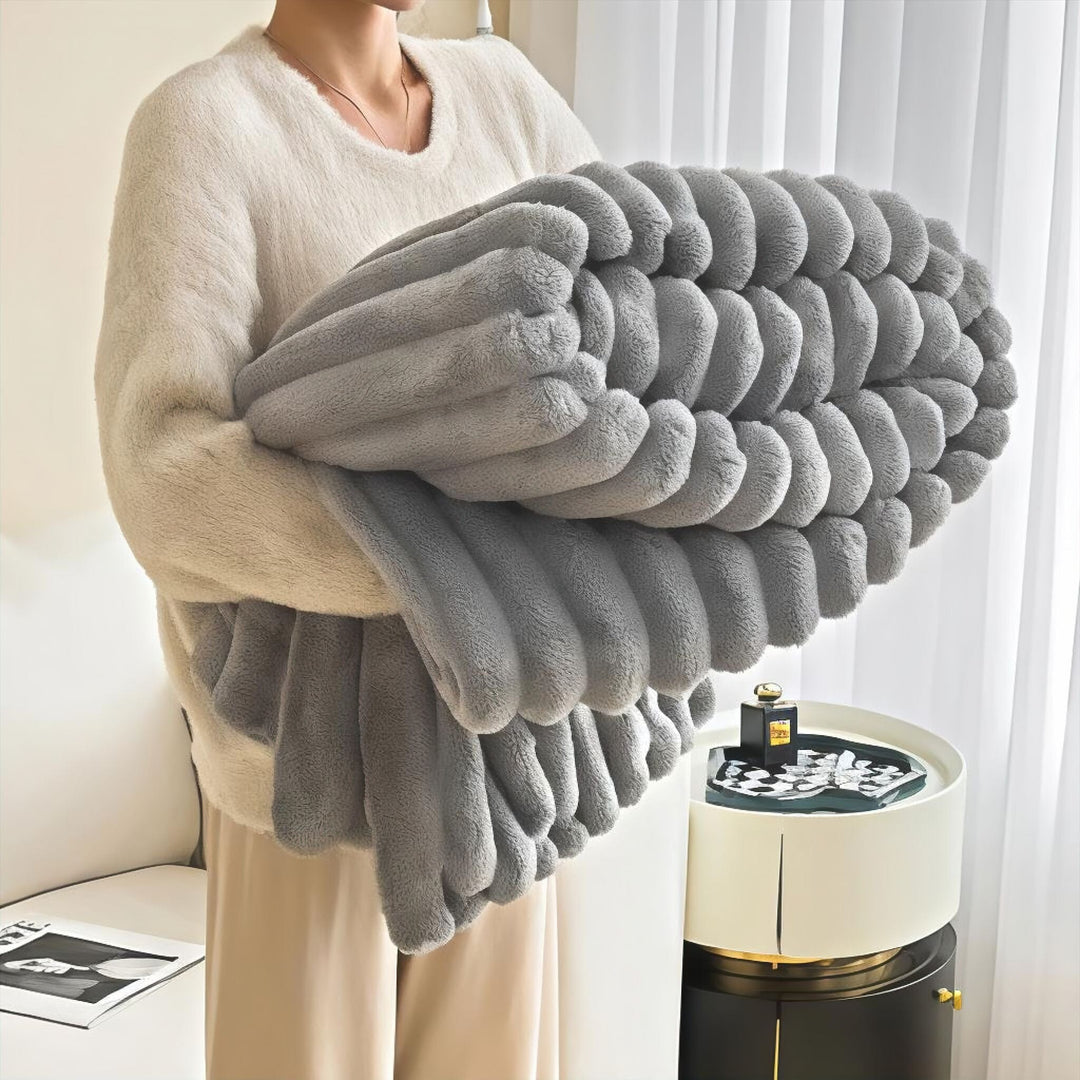 Grey Faux Rabbit Plush Throw Blanket front view