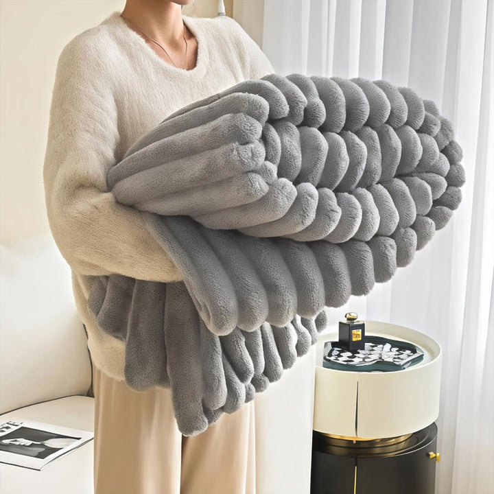 Grey Faux Rabbit Plush Throw Blanket front view