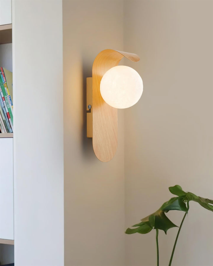 Faux-Wood Curved Arm Sconce wood grain texture detail
