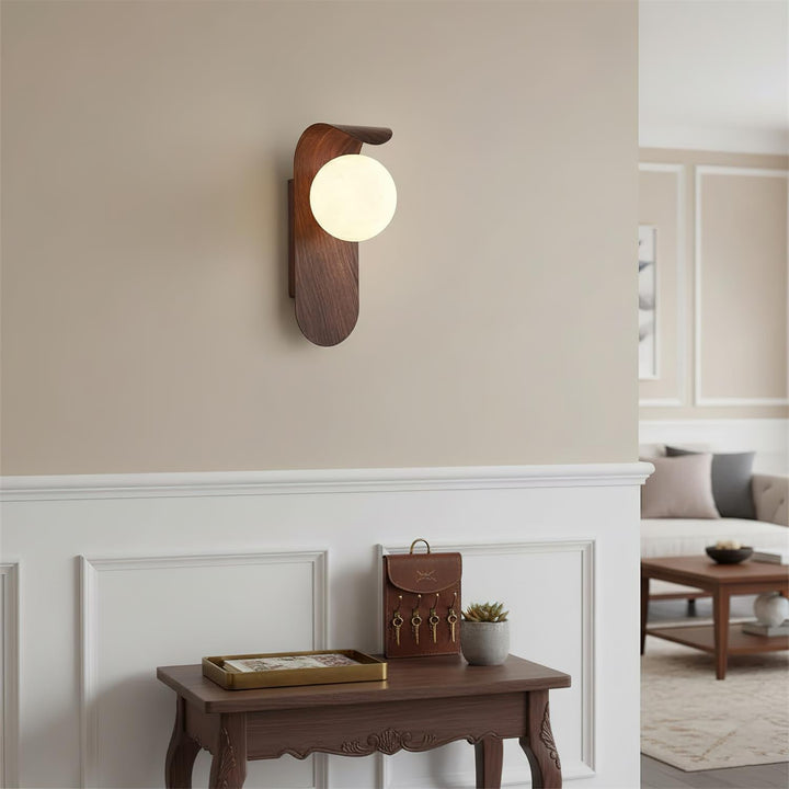 Faux-Wood Curved Arm Sconce hallway lifestyle