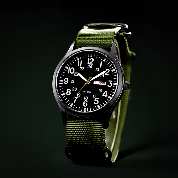 Green Black Field Watch with Sapphire Glass angled view