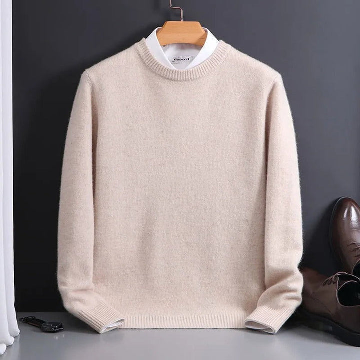 Beige Fine-Knit Crewneck Sweater on hanger