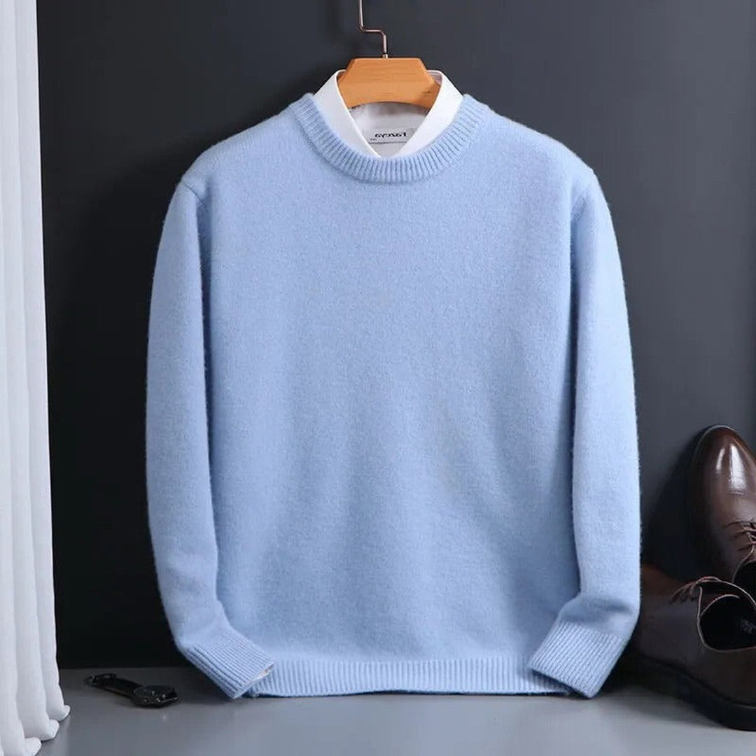 Light Blue Fine-Knit Crewneck Sweater on hanger