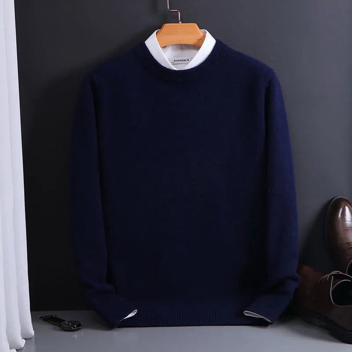 Navy Blue Fine-Knit Crewneck Sweater on hanger