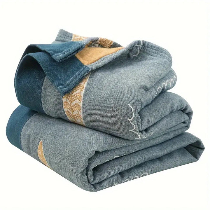 Ocean Blue Fish Jacquard Cotton Gauze Blanket folded