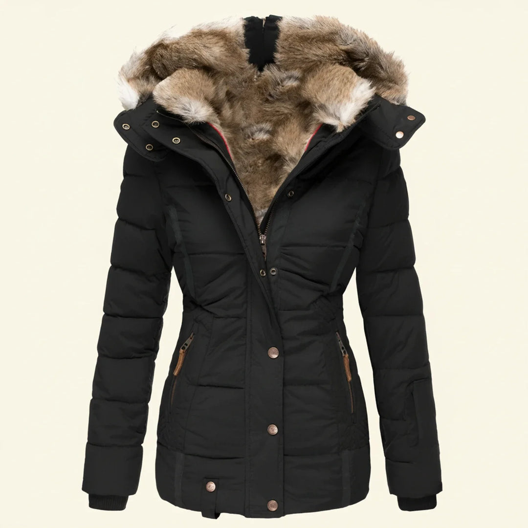 Black Fitted Quilted Jacket with Faux-Fur Hood front view