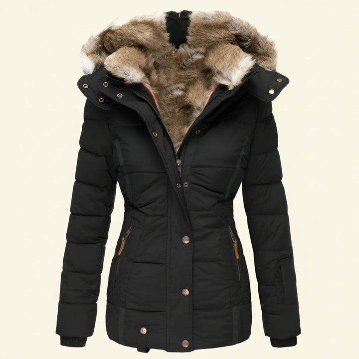 Black Fitted Quilted Jacket with Faux-Fur Hood front view