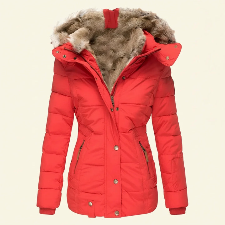 Red Fitted Quilted Jacket with Faux-Fur Hood front view