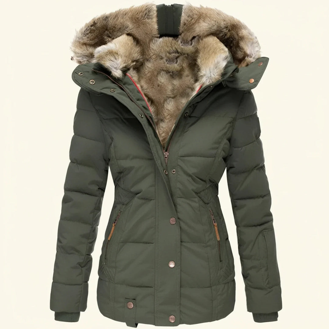 Green Fitted Quilted Jacket with Faux-Fur Hood front view