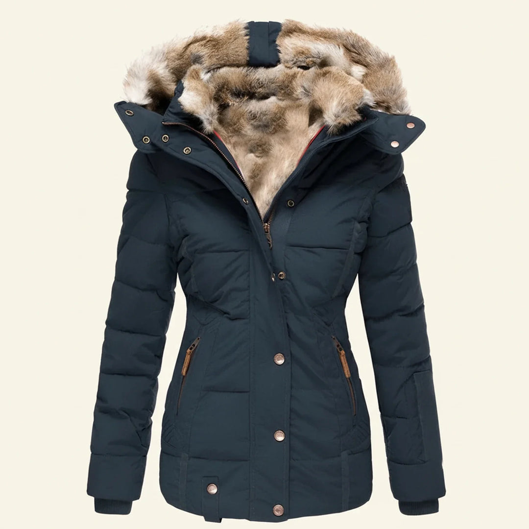 Navy Blue Fitted Quilted Jacket with Faux-Fur Hood front view