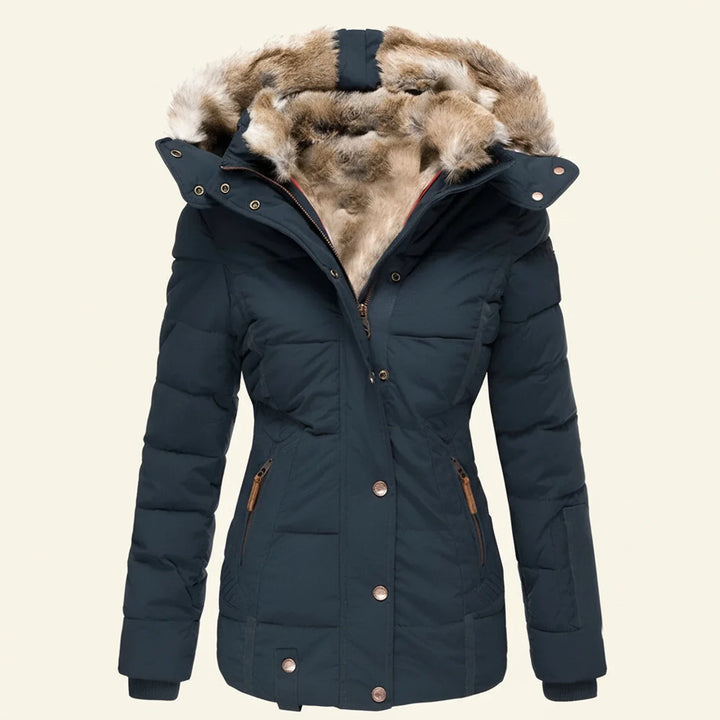 Navy Blue Fitted Quilted Jacket with Faux-Fur Hood front view