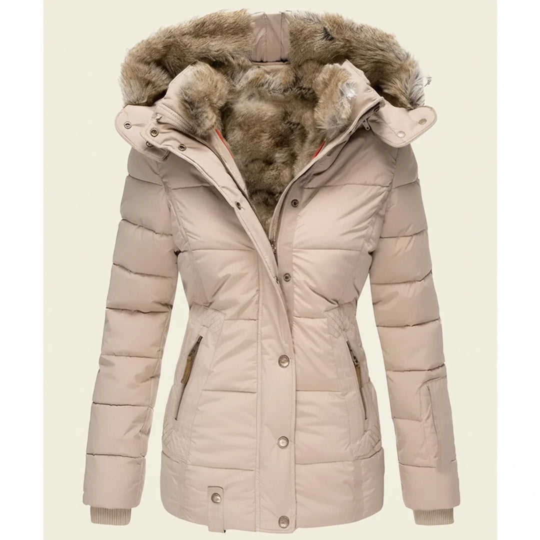 Beige Fitted Quilted Jacket with Faux-Fur Hood front view