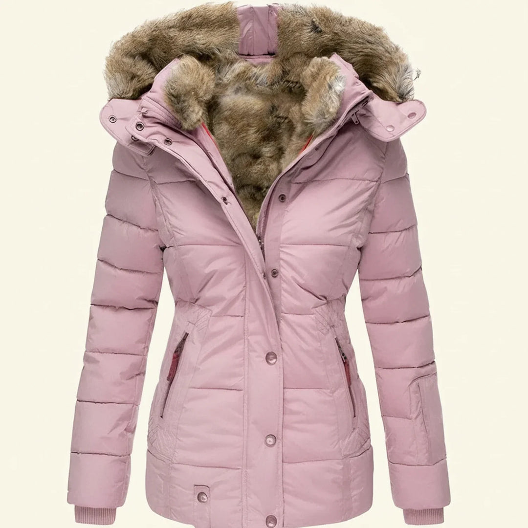 Pink Fitted Quilted Jacket with Faux-Fur Hood front view
