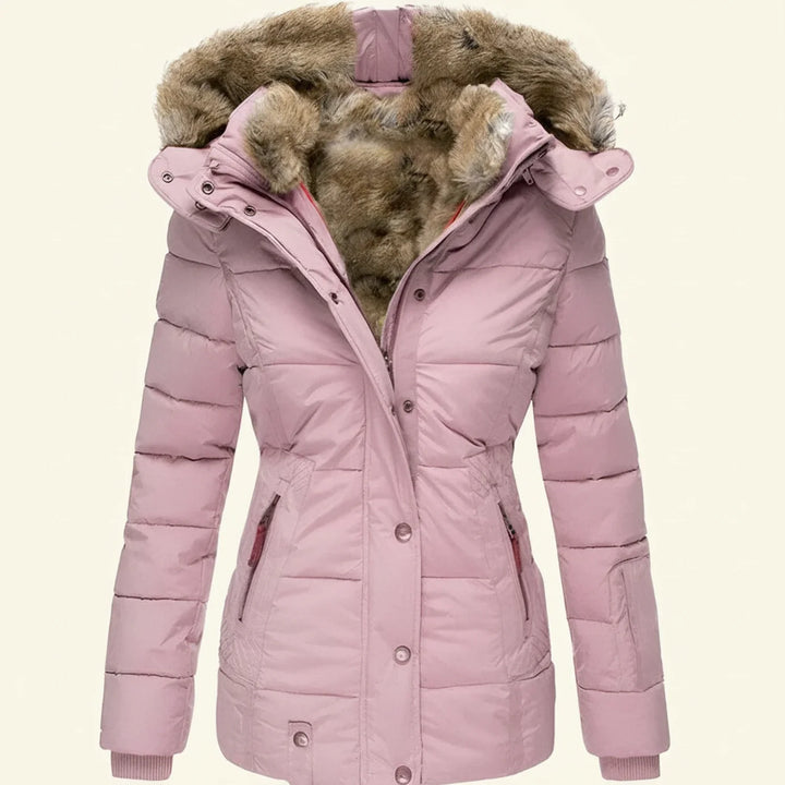Pink Fitted Quilted Jacket with Faux-Fur Hood front view