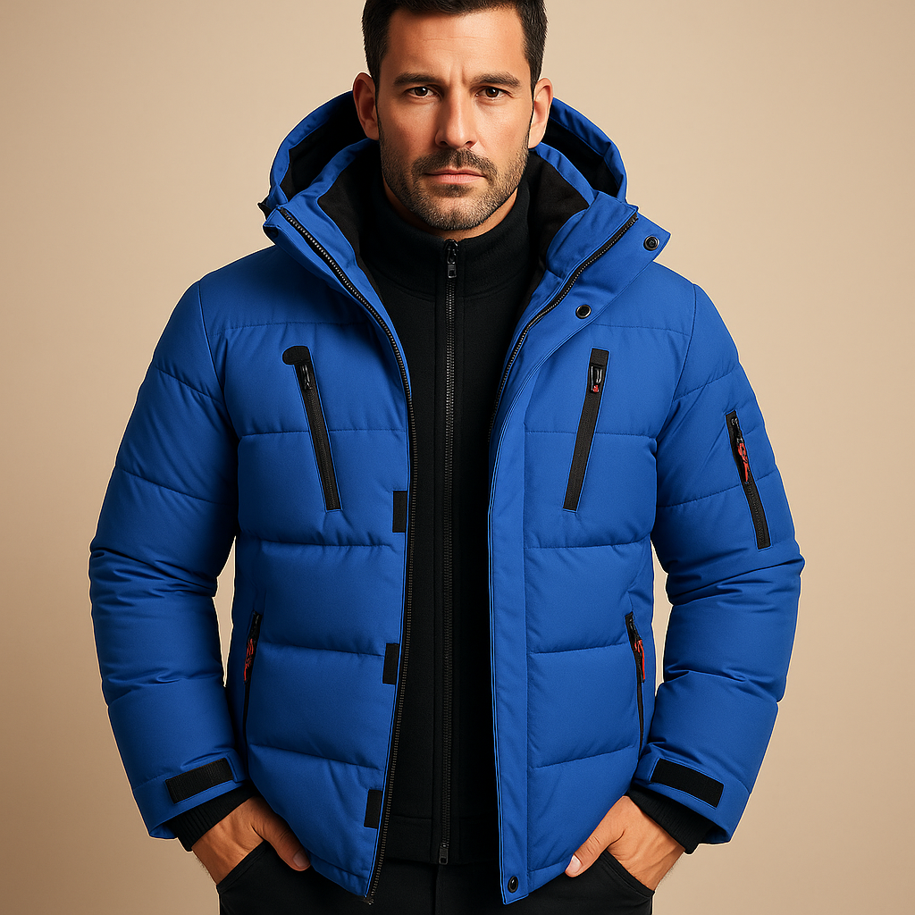 Blue Five-Pocket Matte Puffer Jacket worn front view