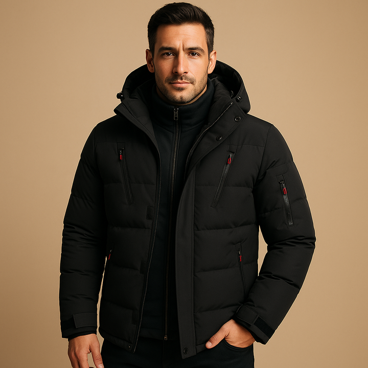 Black Five-Pocket Matte Puffer Jacket worn front view